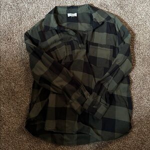 LOFT Outlet Womens XL Olive Green Black Plaid Long Sleeve Top Blouse
